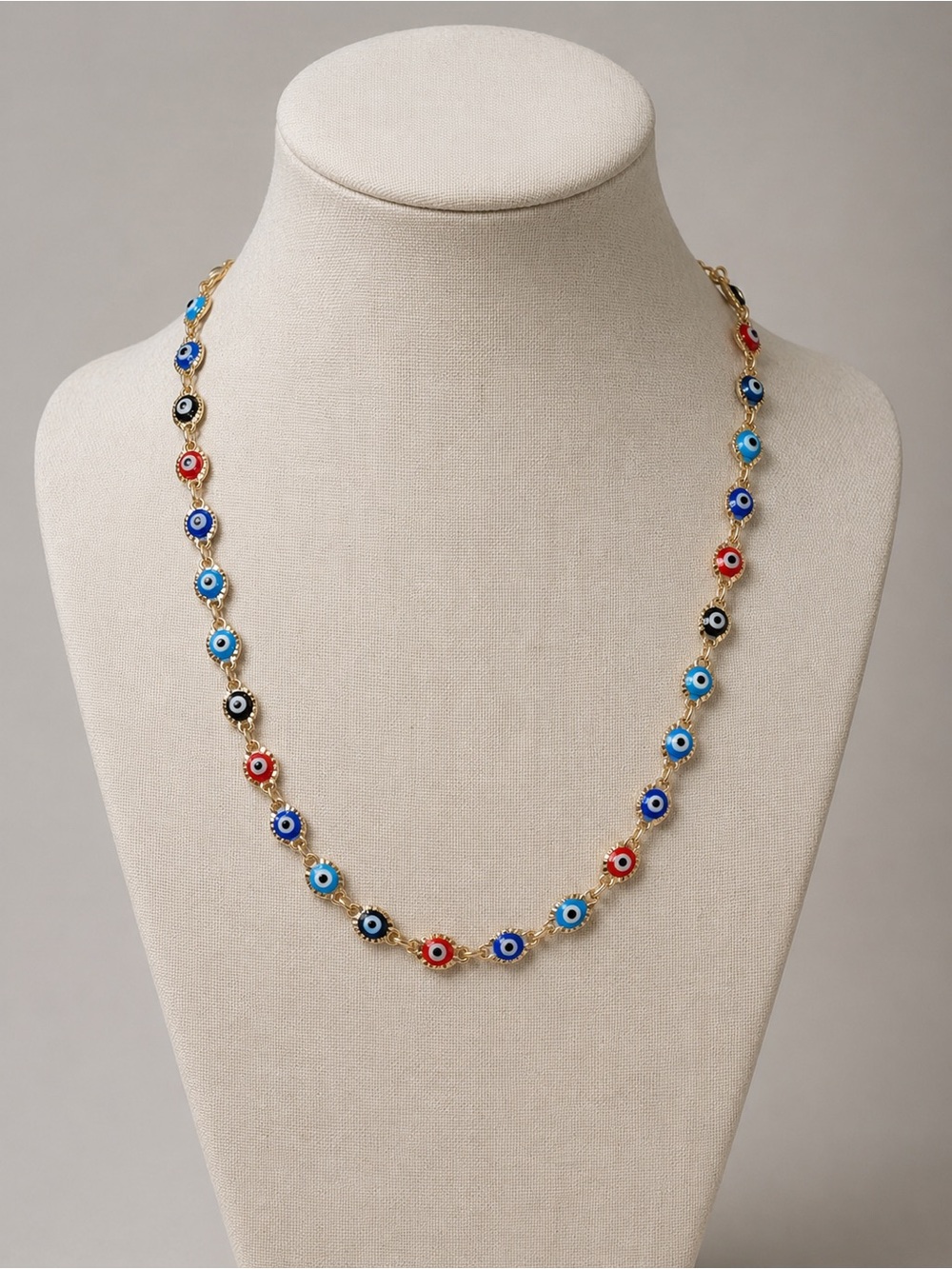 Gold Chain Necklace with Multicolor Evil Eye Charms - Blue, Red, Black